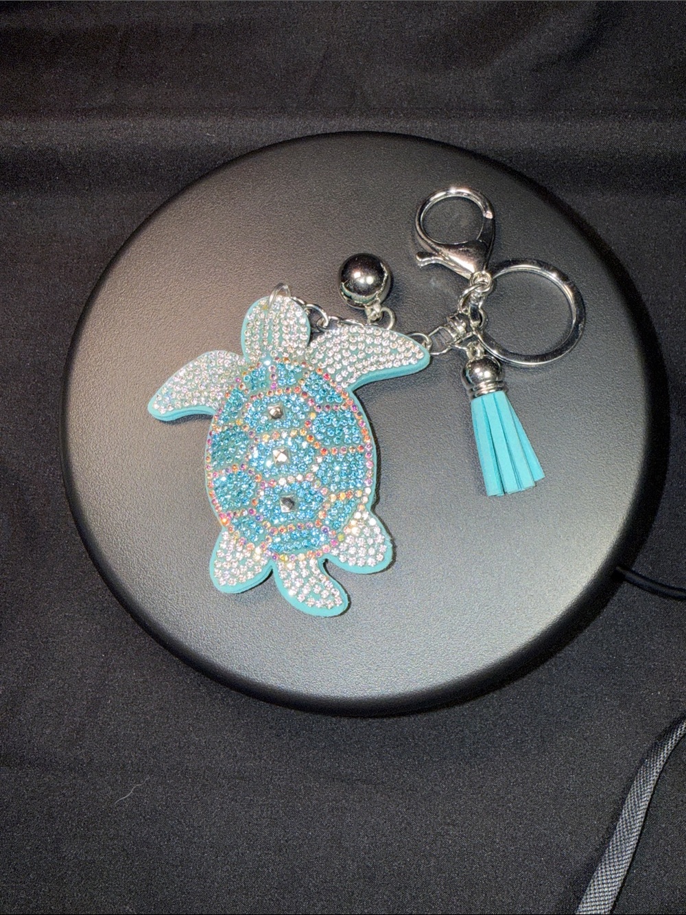 Crystal Turtle Keychain with Aqua Tassel Accent